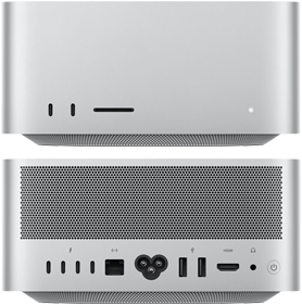 Parte frontal de una Mac Studio con dos puertos USB-C, una ranura para tarjeta SDXC, y parte posterior con cuatro puertos USB-C y dos puertos USB-A, Ethernet, HDMI y entrada para audífonos